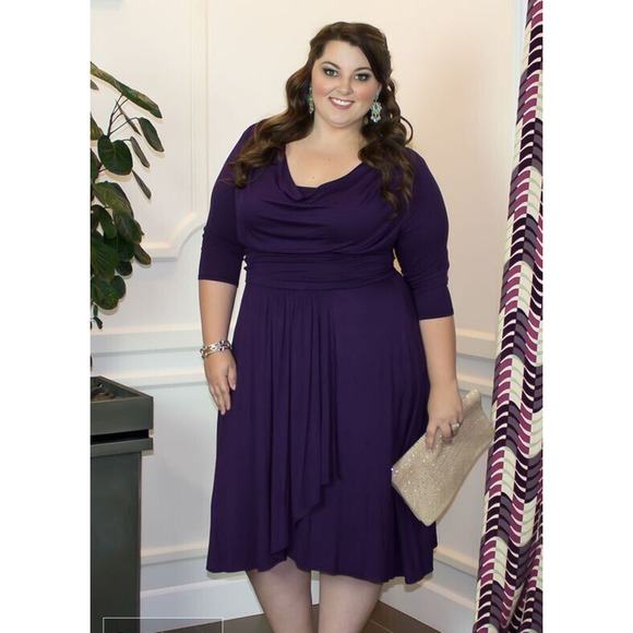 Kiyonna Dress Purple Draped In Class Cowl Neck Tulip Hem Empire Waist Size 10-12 - Picture 4 of 9